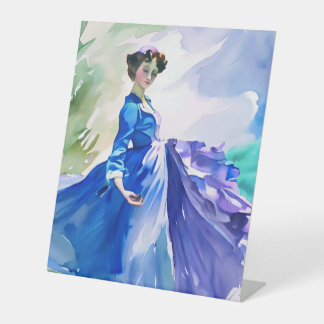 Lady in Blue Dress - Aquarellmalerei Sockelschild