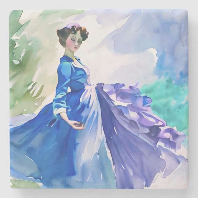 Lady in Blue Dress - Aquarellmalerei Steinuntersetzer (Vorderseite)