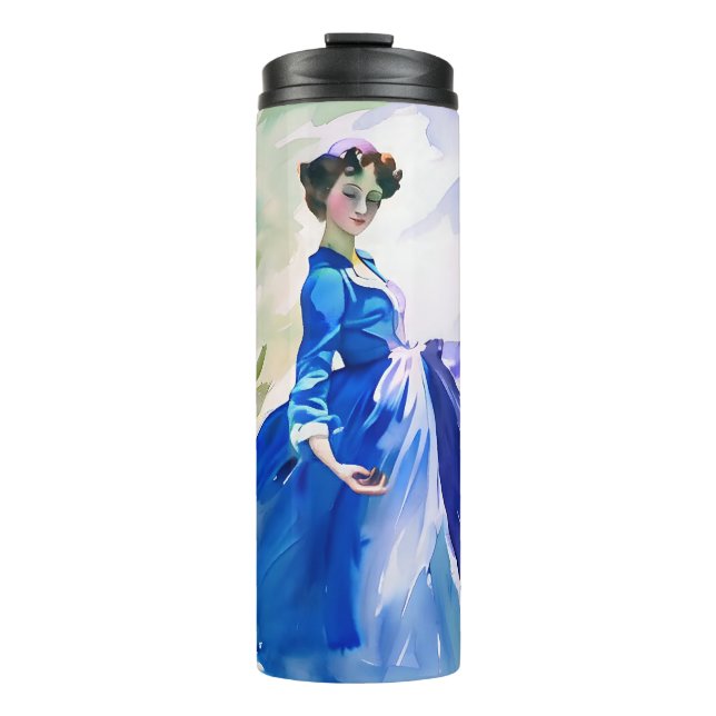 Lady in Blue Dress - Aquarellmalerei Thermosbecher (Vorderseite)
