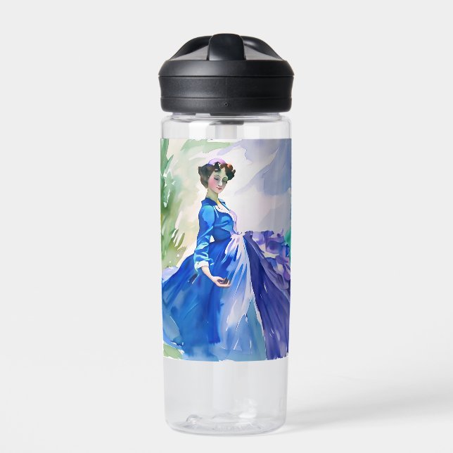 Lady in Blue Dress - Aquarellmalerei Trinkflasche (Vorderseite)