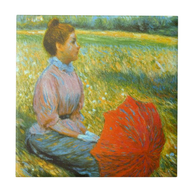 Lady in einer grünen Wiese Fliese (Vorderseite)