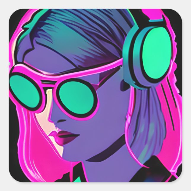 Lady in Headphones Jamming to Music Quadratischer Aufkleber (Vorderseite)