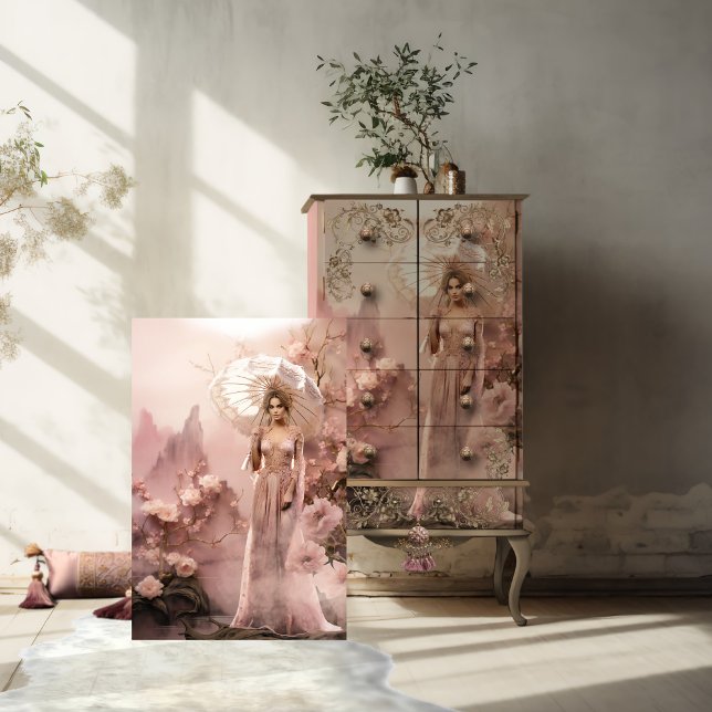 Lady in Pink mit einem Parasol & Floral Seidenpapier (Beautiful Lady holding a parasol, rose pink and beige, ethereal floral, and lace portrait art.)
