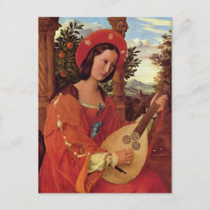 Lady in Red Playing A Lute Postkarte
