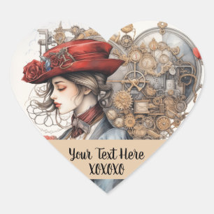 Lady in Red Valentine Kiss steampunk Aquarell Herz-Aufkleber