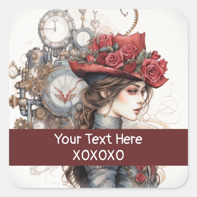 Lady in Red Valentine Kiss steampunk Aquarell Quadratischer Aufkleber (Vorderseite)