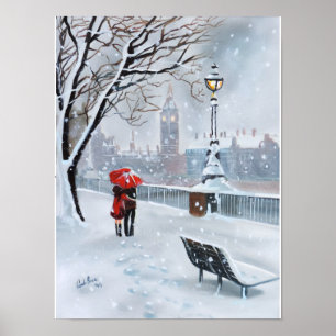 Lady in Rot romantisches Paar verschneiten London Poster