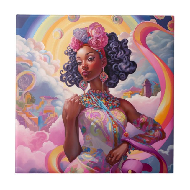 Lady in Surreal World African American Art Pink Fliese (Vorderseite)