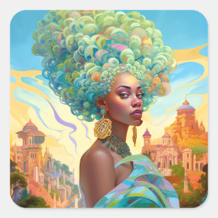 Lady in surreal World African American Art Quadratischer Aufkleber