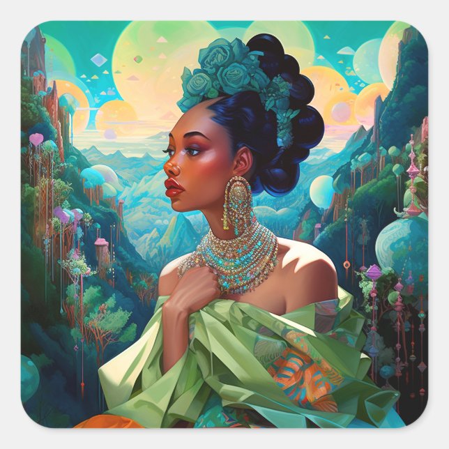 Lady in surreal World African American Art Quadratischer Aufkleber (Vorderseite)