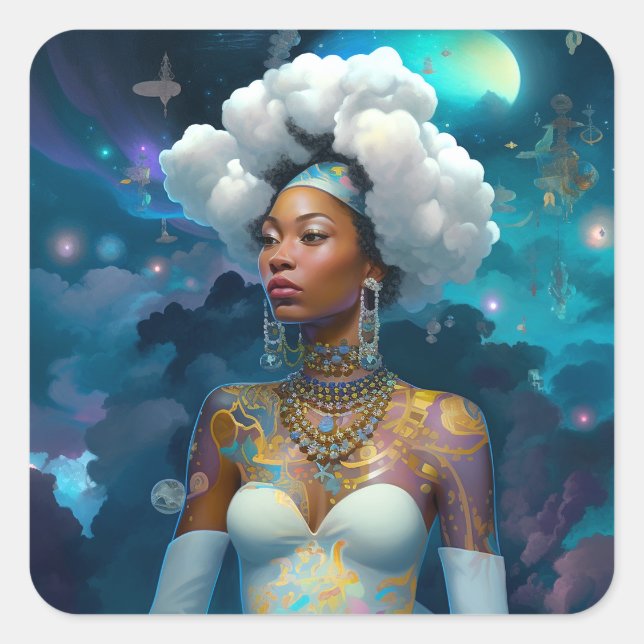 Lady in Surreal World Cosmic American Art Quadratischer Aufkleber (Vorderseite)