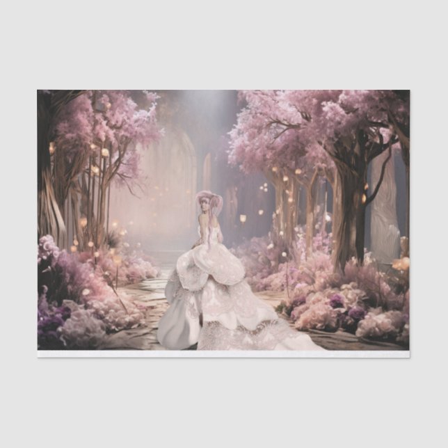 Lady in white, lila Cherry Blossoms Portrait Art Seidenpapier (Vorderseite)