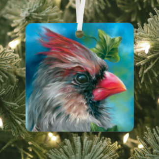 Lady Kardinal Bird mit ivy Blätter Ornament Aus Metall