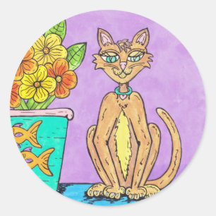 Lady Kitten und Blume Runder Aufkleber