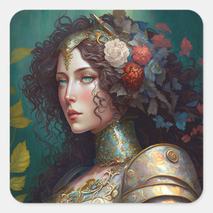 Lady Knight Warrior Armor Fantasy Art Quadratischer Aufkleber