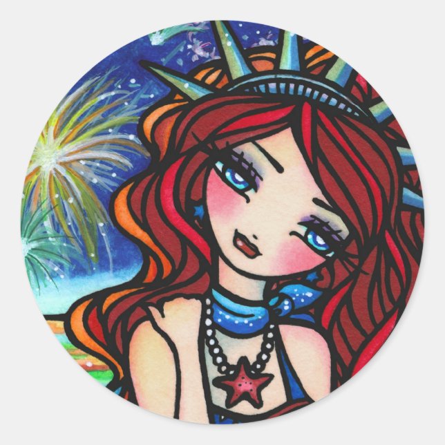 Lady Liberty Mermaid 4. Juli Art Hannah Lynn Runder Aufkleber (Vorderseite)