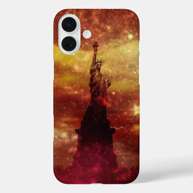 Lady Liberty rote und gelbe Sterne iPhone 16 Plus Hülle (Rückseite)