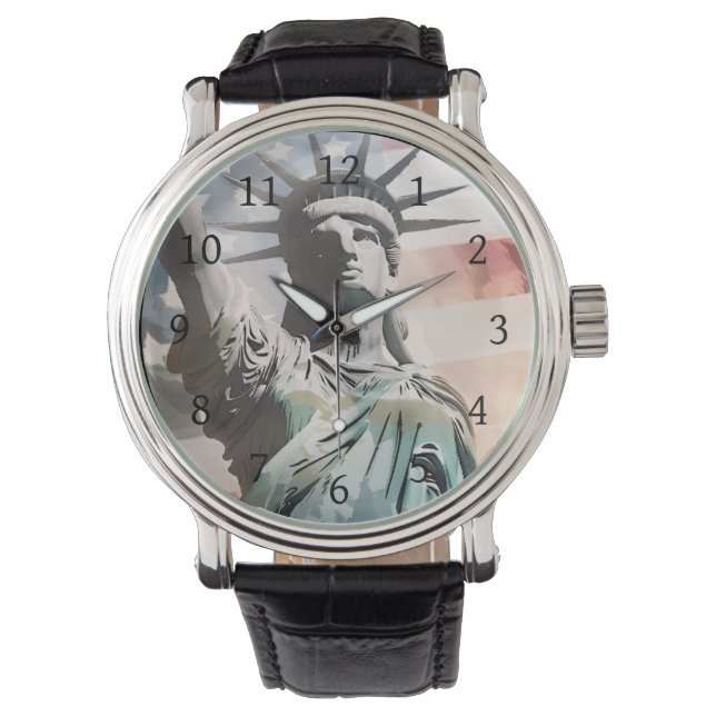 Lady Liberty und die amerikanische Flagge Armbanduhr (Vorderseite)