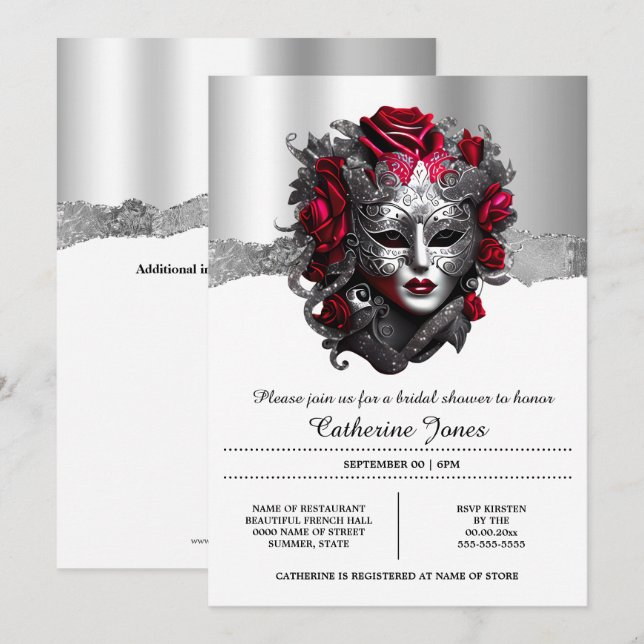 Lady masquerade venezianische Gesichtsmaske silber Einladung (Vorne/Hinten)