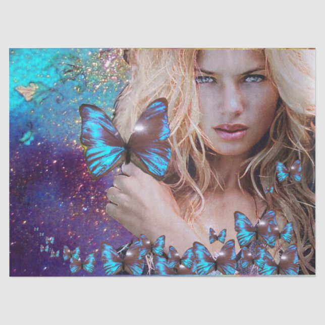 LADY MIT BLAUE BUTERRFLY Schönheit in der Natur Seidenpapier (Vorderseite)