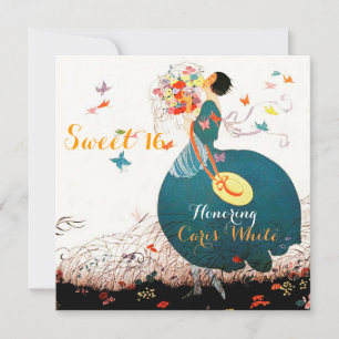 LADY MIT BLUME BOUQUET UND BUTTERFLIES Sweet 16 Einladung