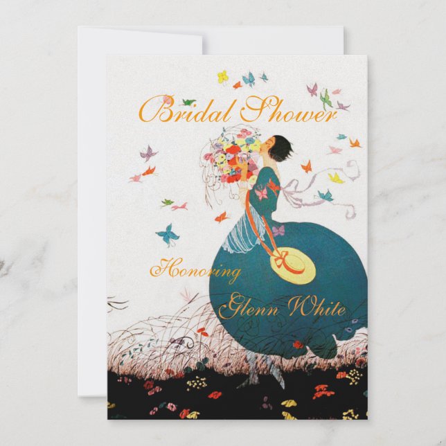 LADY MIT BLUME BOUQUET UND BUTTERFLIS MONOGRAM EINLADUNG (Vorderseite)