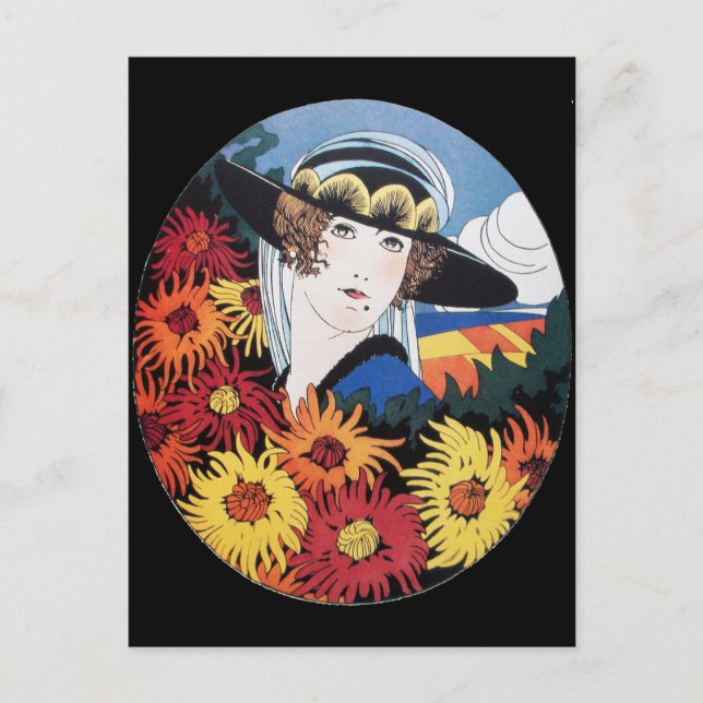 Lady mit Chrysanthemum-Blume Postkarte (Vorderseite)