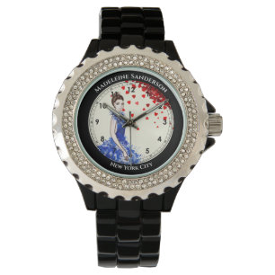 Lady mit Funkelnd Blue Gown Mode Red Hearts Armbanduhr