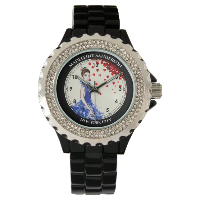 Lady mit Funkelnd Blue Gown Mode Red Hearts Armbanduhr (Vorderseite)