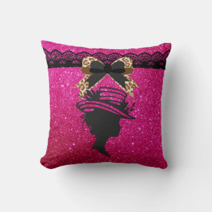 Lady mit Hut Hot Pink Imitats Glitzer Kissen Kisse