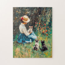 Lady mit Hut mit Kätzchen im Gras spielen