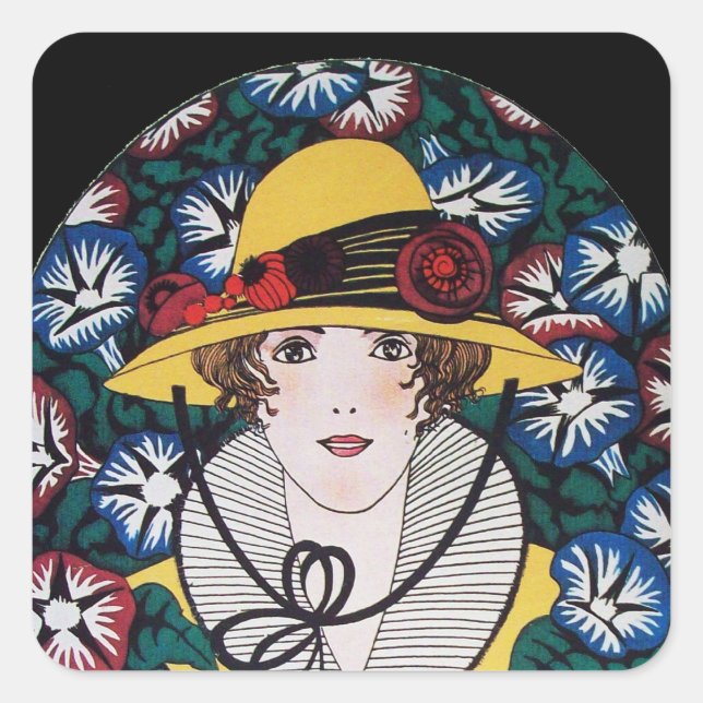Lady mit Morning Glories Quadratischer Aufkleber (Vorderseite)