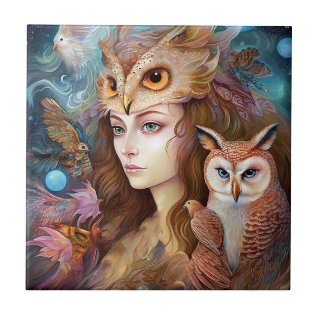 Lady mit Owl Surreal Fantasy Art Fliese (Vorderseite)