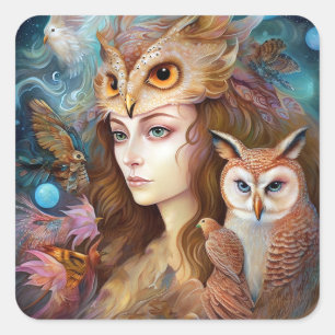 Lady mit Owl Surreal Fantasy Art Quadratischer Aufkleber