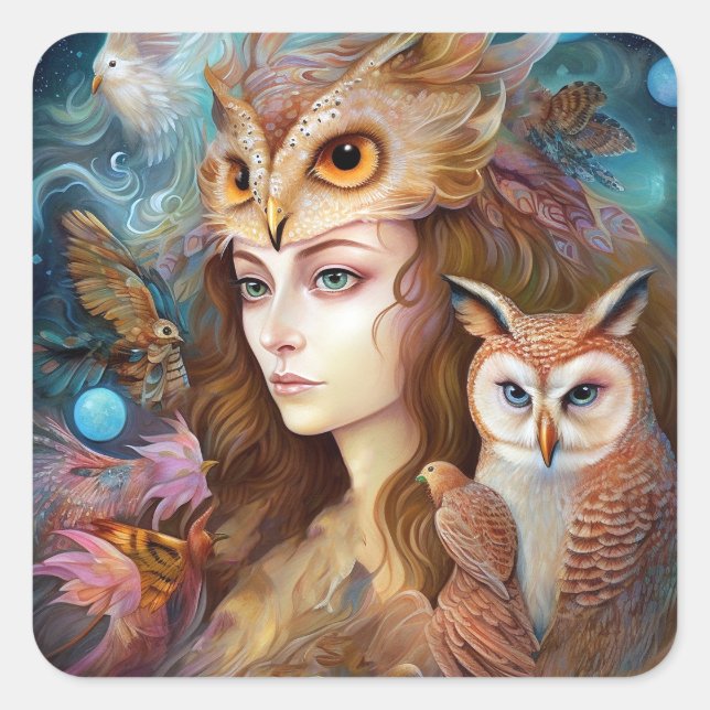 Lady mit Owl Surreal Fantasy Art Quadratischer Aufkleber (Vorderseite)