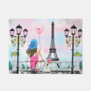 Lady mit Pink Balloon Door Mat - I Liebe Paris Fußmatte