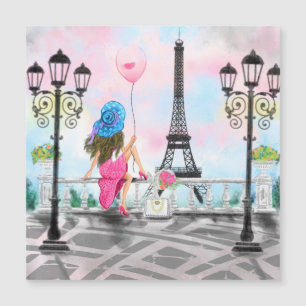 Lady mit Pink Balloon Magnetic Card I Liebe Paris Magnetkarte