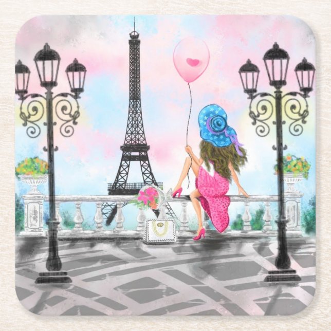 Lady mit Pink Balloon Paper Untersetzer I Liebe Pa (Vorderseite)