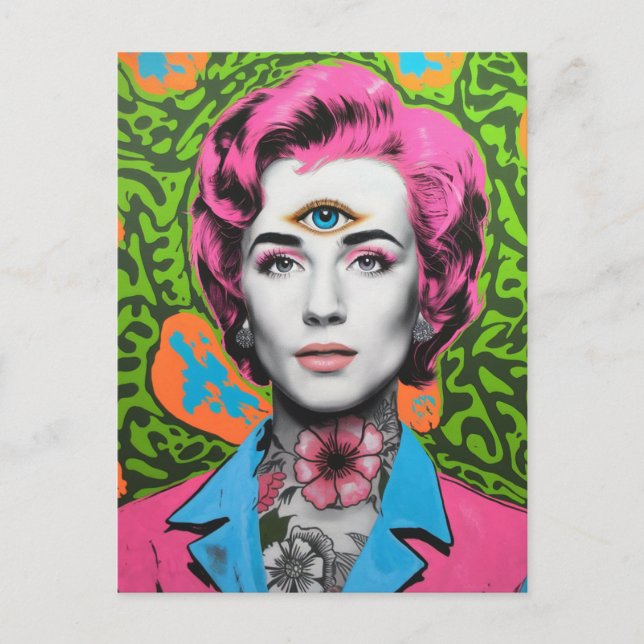 Lady mit rosa Haare und einem dritten Auge Postkarte (Vorderseite)