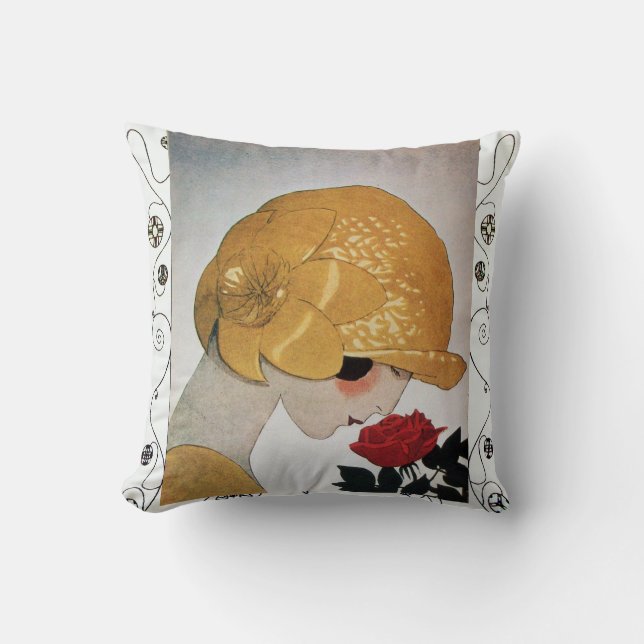 LADY MIT ROTE ROSE / geometrischen Wirbel Kissen (Vorderseite)