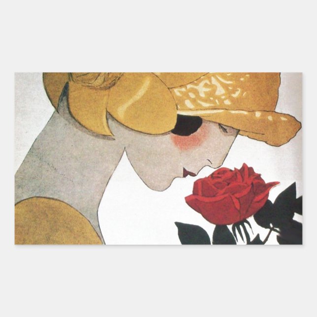 LADY MIT ROTE ROSE RECHTECKIGER AUFKLEBER (Vorderseite)