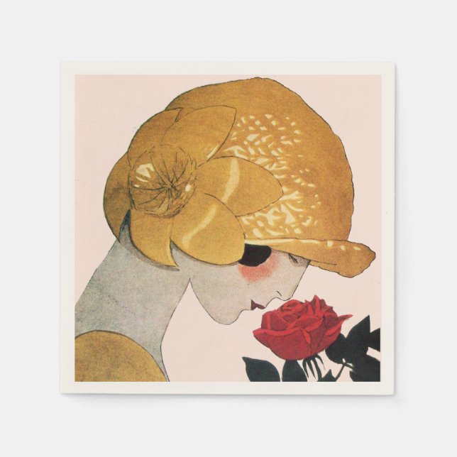 LADY MIT ROTE ROSE, rosa Serviette (Vorderseite)