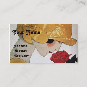 LADY MIT ROTE ROSE SCHAUTY FASHION COSTUME DESIGNE VISITENKARTE