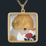 LADY MIT ROTE ROSE VERGOLDETE KETTE<br><div class="desc">Lebhafte, klassische französische Art Deco High Mode Illustration. Porträt einer wunderschönen jungen Frau, die einen goldenen Hut mit Blume trägt, Schwarz-weiße, gelbe, graue Farben. Cooles, modernes und künstlerisches Design.</div>