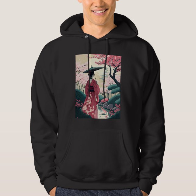 Lady mit Schirmkirsche Blossom Garden Japanisch Hoodie (Vorderseite)