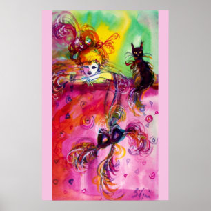 LADY MIT SCHWARZ KATZ Venezianische Masquerade Bal Poster