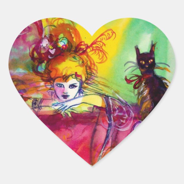 LADY MIT SCHWARZEM KATZ / Venezianischem Maskenher Herz-Aufkleber (Vorderseite)