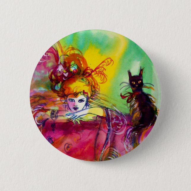 LADY MIT SCHWARZEM KATZE/Mardi Gras Masquerade Par Button (Vorderseite)