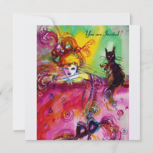 LADY MIT SCHWARZEM KATZE/Mardi Gras Masquerade Par Einladung (Vorderseite)