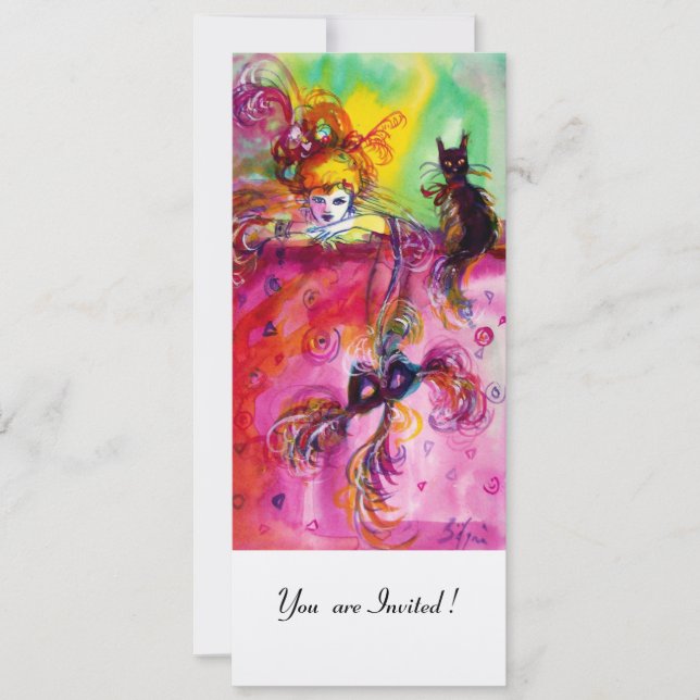 LADY MIT SCHWARZEM KATZE/Mardi Gras Masquerade Par Einladung (Vorderseite)